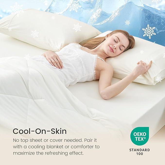 Cozy Bliss Premium Cooling Sheet Set King Size, Q-Max>0.4, 3PCS No Flat Sheet with 2 Pillowcases, Breathable Fitted Sheet for Hot Sleepers & Night Sweats, Deep Pocket Up to 18 Inches, Cream White