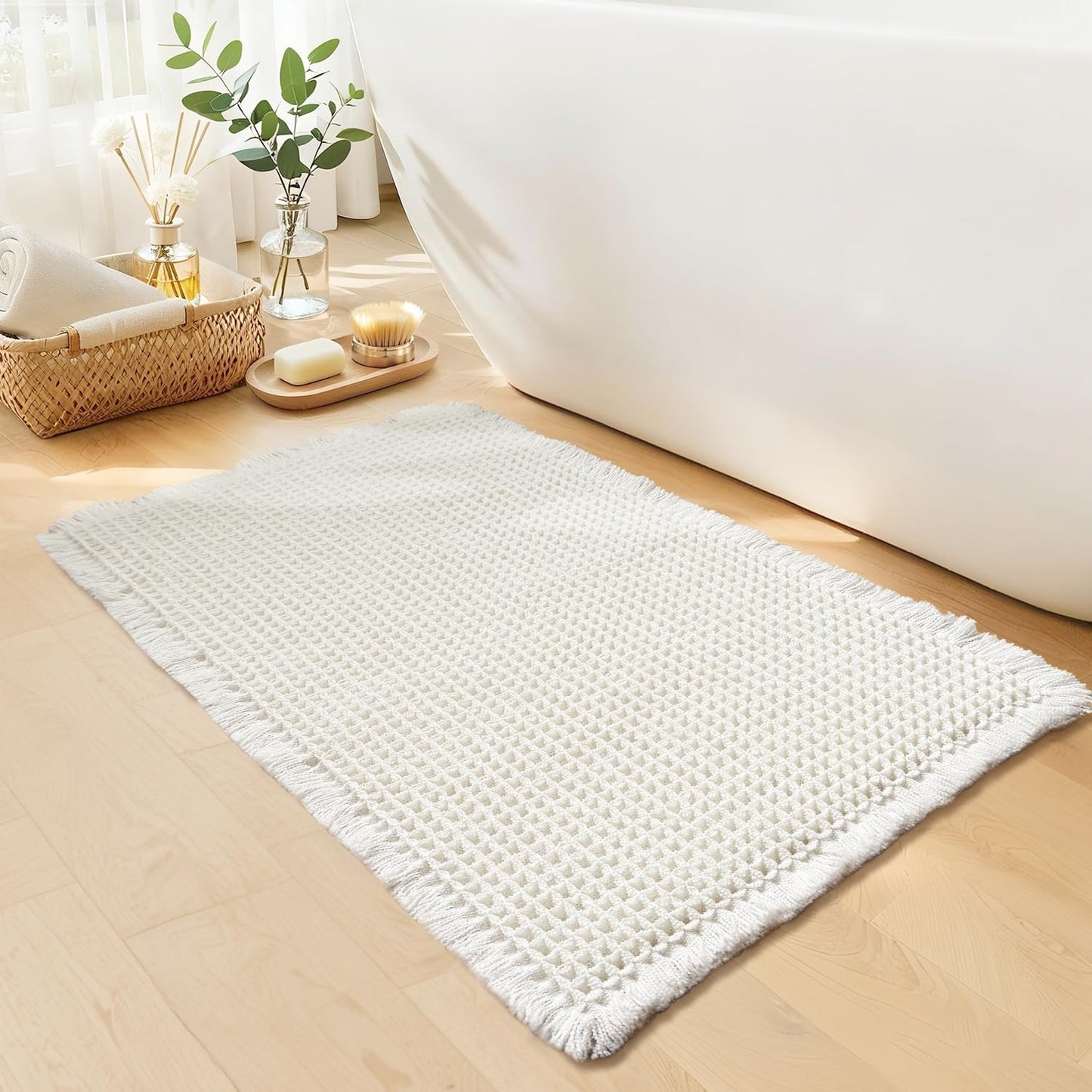 White Bathroom Rugs, Waffle Bath Mat Non Slip Washable, Super Absorbent & Quick Dry, Boho Bath Mat Farmhouse Bathroom Decor, 24'' x 36'', White