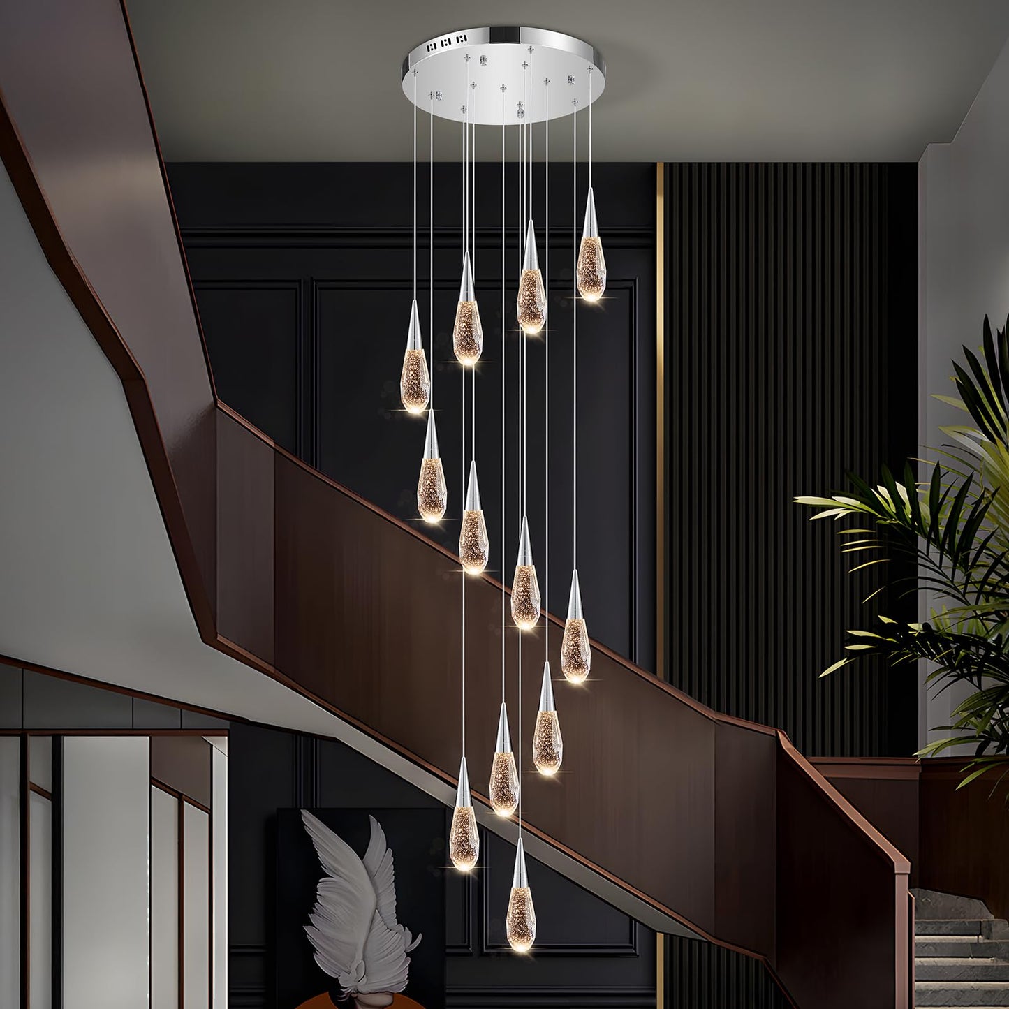 BaiZhou 12-Light Modern Crystal Chandeliers 3-Way Dimmable Long Pendant High Ceiling Bubble Raindrop Lighting Fixture for Staircase Foyer Entryway Bedroom Hallway Chrome