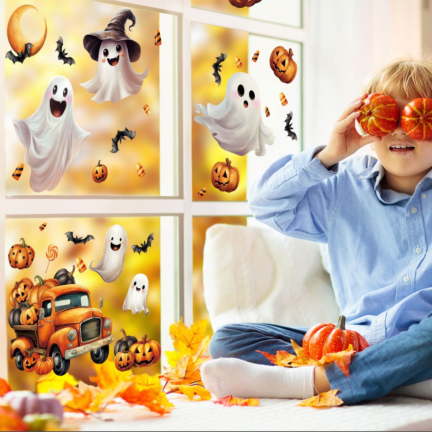 LOAVER 8 Sheets Halloween Ghost Window Cling Stickers,Spooky Ghost Pumpkin Bat Boo Window Clings for Halloween Fall Party Indoor Glass Decor
