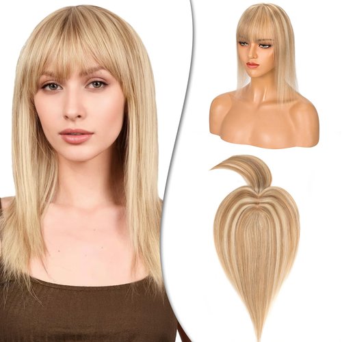 Hairro Human Hair Toppers With Bangs Clip In Remy Topper Hairpiece For Women Clip On Toupee Wispy Middle Part Hair Loss Thinning Hair 12 Inch 38g #12P613 Golden Brown Mix Bleach Blonde