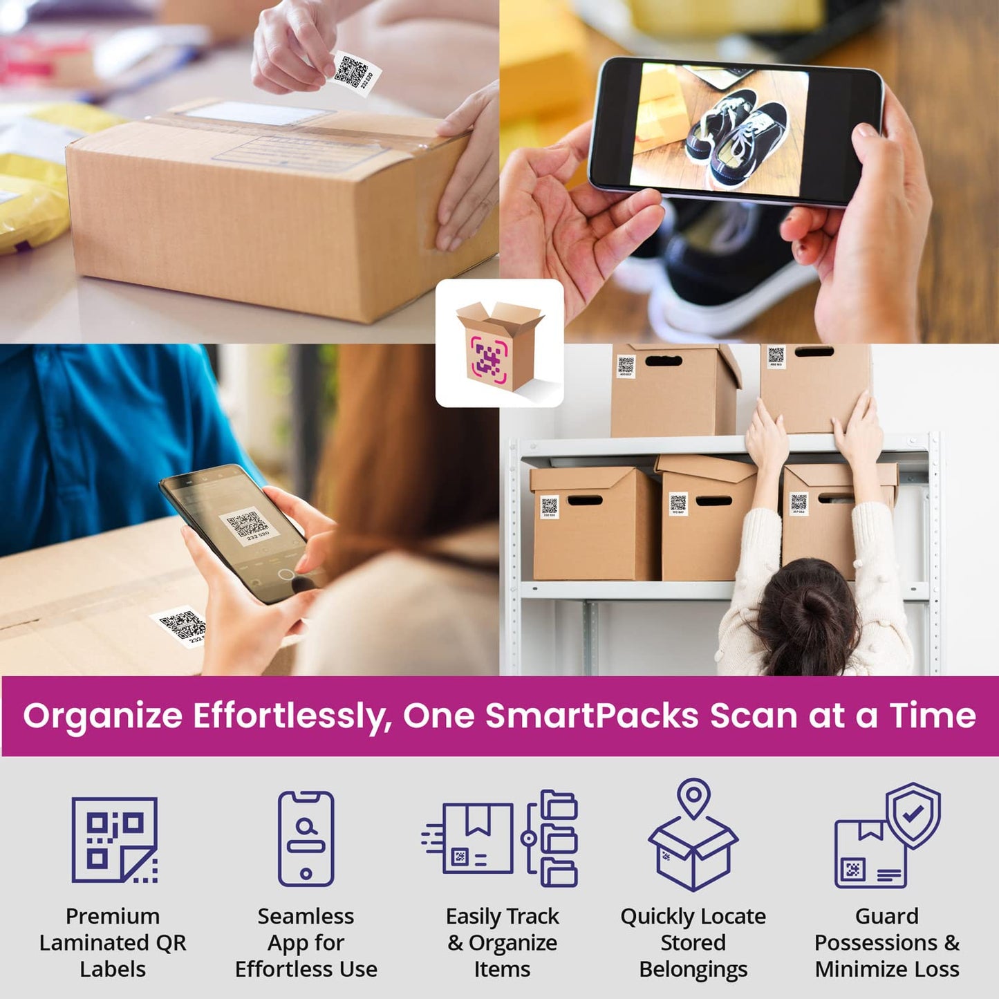 SmartPacks QR Stickers - Premium Smart Labels for Storage Bins | Advanced Pack and Track Labels with QR Code for Inventory, Storage, Moving | 48 Stickers