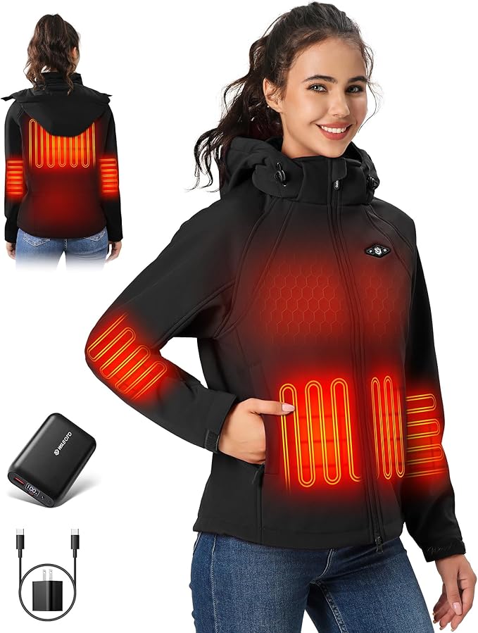 WASOTO Heated Jackets for Women 18400 mAh Battery Pack Water-Resistant Slim Fit with Detachable Hood Cycling Jackets