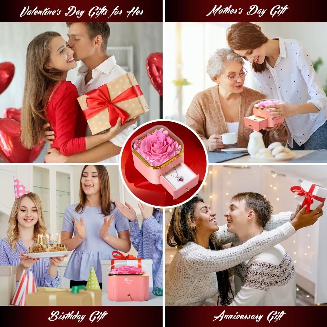 Mothers Day Rose Gifts for Mom,Preserved Real Rose with Necklace Eternal Flowers Pink Rose Gifts for Mom Grandma Her Wife Girlfreind on Mothers DayValentines Day Anniversary Birthday Gifts (Pink)