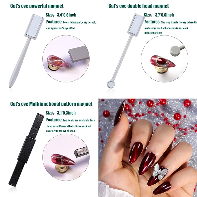 JERCLITY 9 Pieces Nail Magnet Tool Set Double-Head Flower Design Nail Magnet Pens Magnet Stick 3D Magnetic Cat Eye Gel Polish Nail Art for UV Gel Line Strip Multi-Function Magnet Board Nail Art Tool