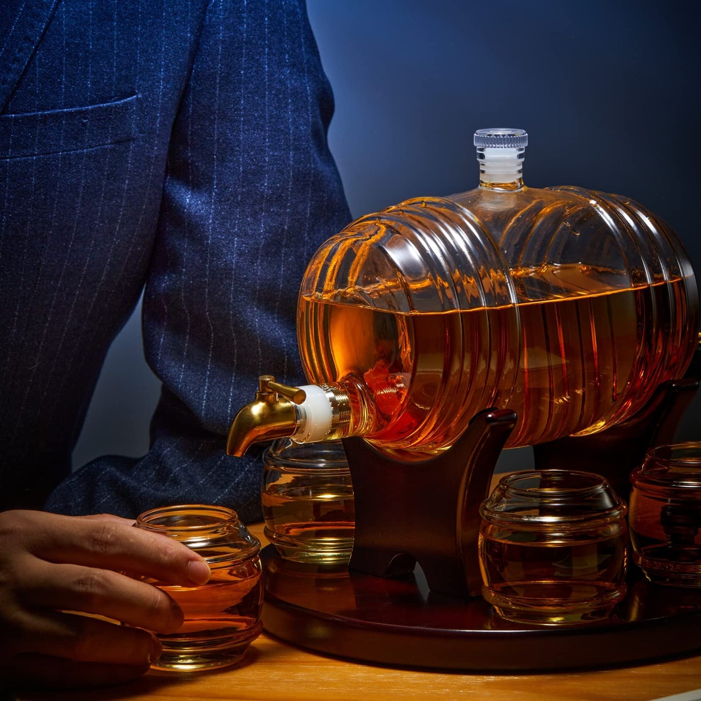 CRAFTGEN Whiskey Barrel Decanter Set for Home Bar, Unique Birthday Gifts for Men Dad, 1.3 Liter Barrel Liquor Dispenser with 4 Glasses for Bourbon, Scotch, Vodka, Tequila, Rum, Wine, Alcohol