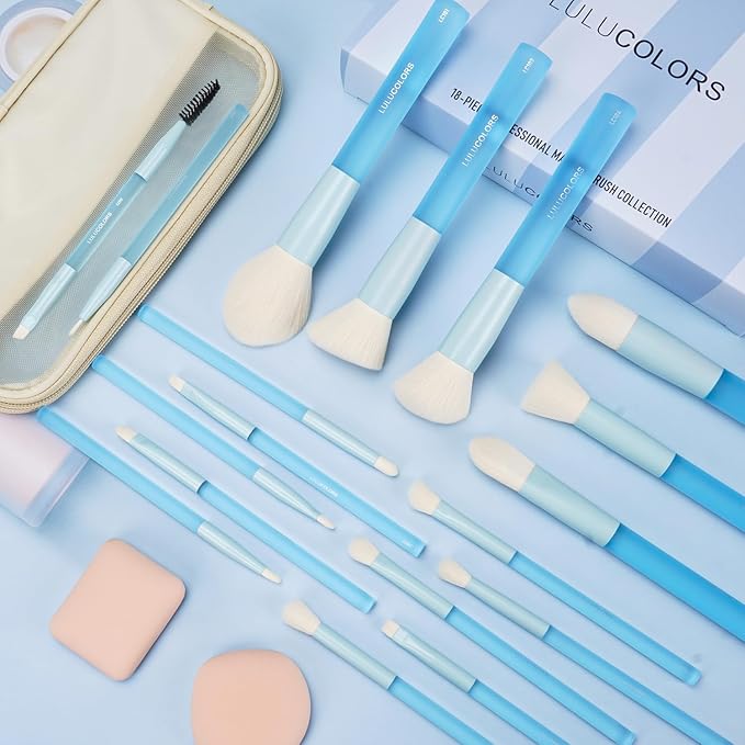 18-Piece Light Blue Professional Makeup Brush Set – Translucent Rubberized Handles, Soft Synthetic Bristles for Face & Eye Makeup – Includes Travel Bag & Sponges,Complete Brush Collection