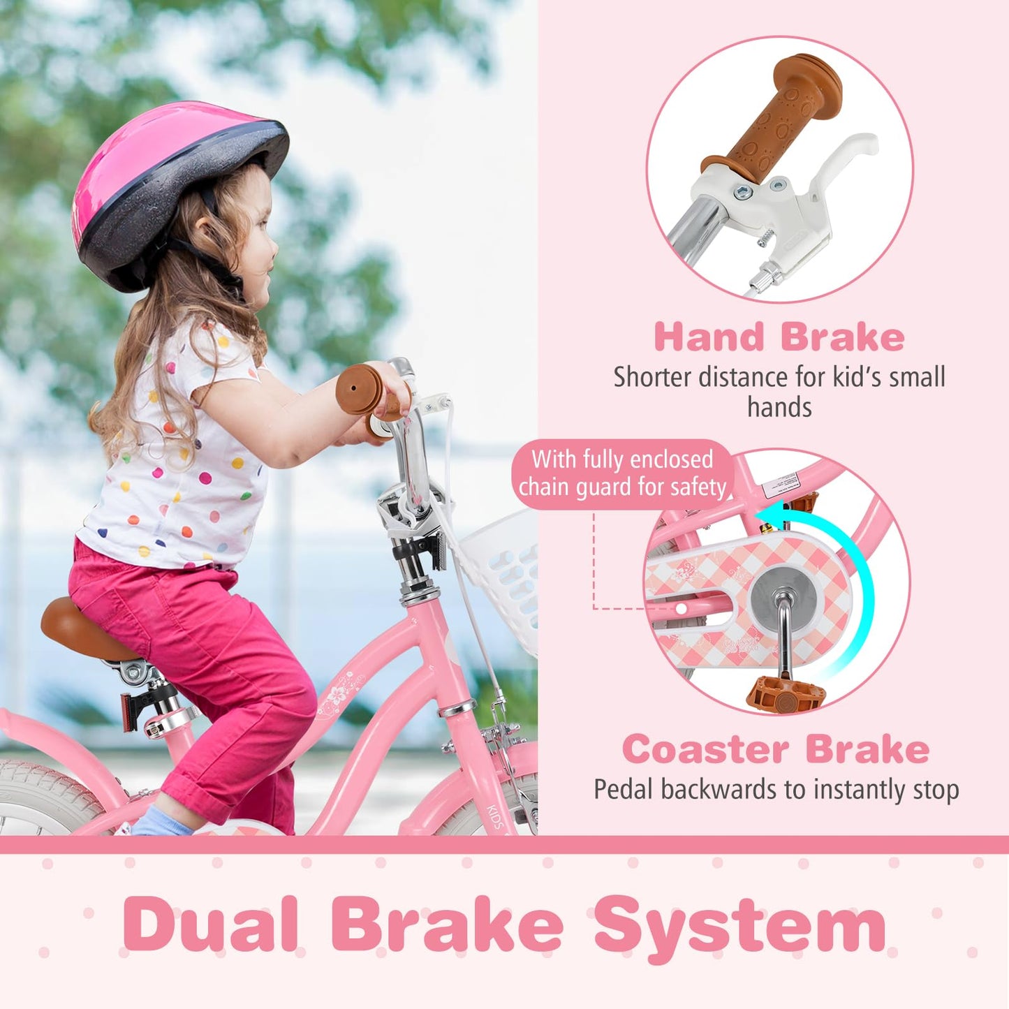 BABY JOY Kids Bike, 12 Inch Boys Girls Bike w/Adjustable Seat, Basket, Handbrake Coaster Brake, Training Wheels or Kickstand, Kids Bicycle with Multi-Color (Rose Red)