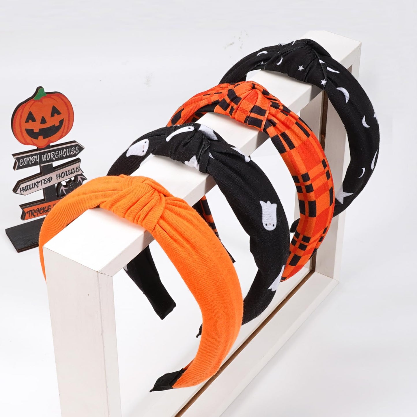 Halloween Headbands for Women Ghost Moon Star Wide Knot Heabdand for Teen Girls Fall Orange Plaid Hair Accessories Hair Hoop Hal