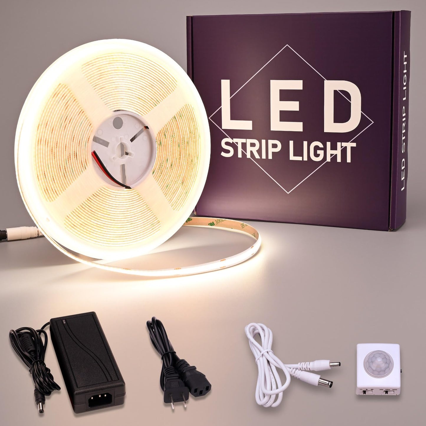 GOMING Motion Sensor COB LED Light Strip 32.8ft(10M) Natural White 4000K 3 Lighting Modes 3 Timing Off Modes 3 Brightness Modes with Power Adapter for Kitchen Cabinets Stair Showcase Bedroom Bed