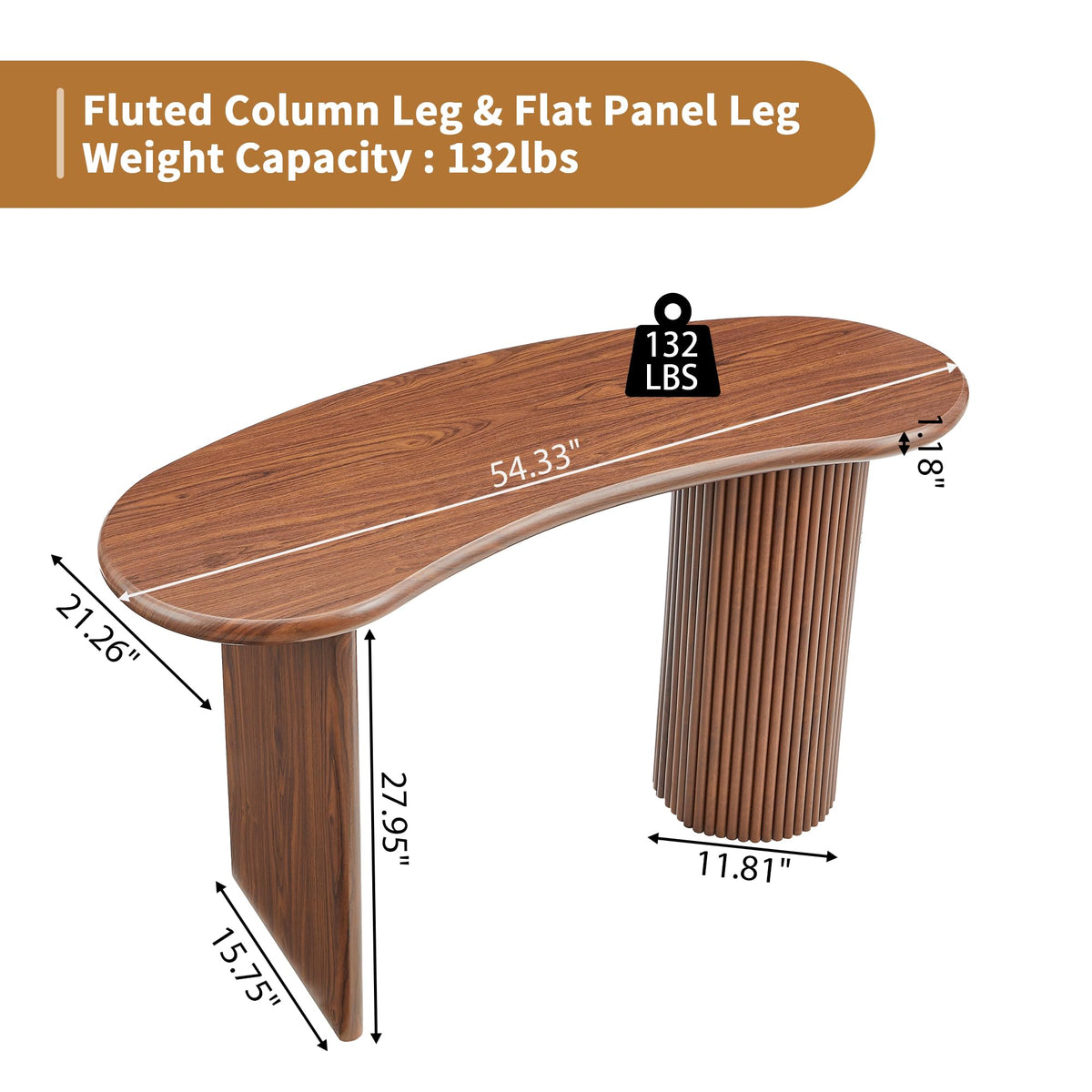 LEVNARY 54.3" Curved Small Computer Desk, Wooden Executive Desk with Sturdy Fluted Legs, Modern Luxury Corner Single Writing Vanity Desk for Bedroom Living Room Home Office (Walnut)