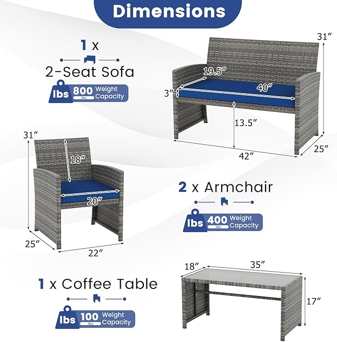 Tangkula 8 Piece Patio Wicker Furniture Set, Outdoor Heavy Duty Rattan Cushioned Chairs, Loveseat and Tempered Glass Coffee Table, for Backyard, Balcony, Poolside