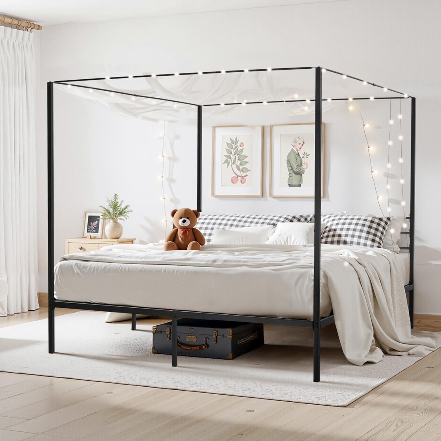 VEVOR King Size Canopy Bed Frame, Metal Canopy Bed with Four Posters Design, Heavy Duty Steel Slats Support, Underbed Storage Space, No Box Spring Needed, Easy Assembly, Black