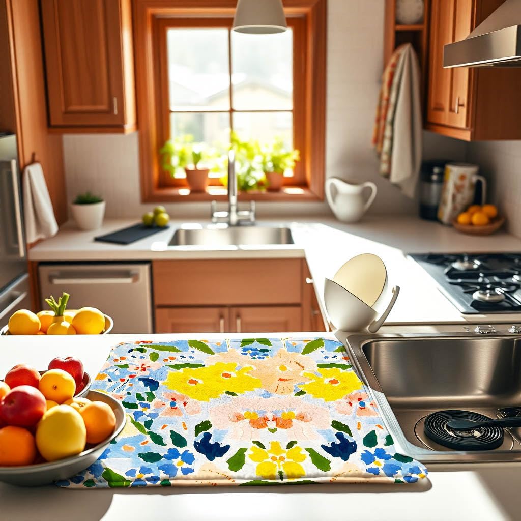 Blue and Yellow Floral Large Dish Drying Mats, Reversible Dish Drying Pads for Kitchen Counter Foldable and Stored in a Drawer,18"x24" Extra Large Draining Mat Protect for Kitchen,Bar Counter