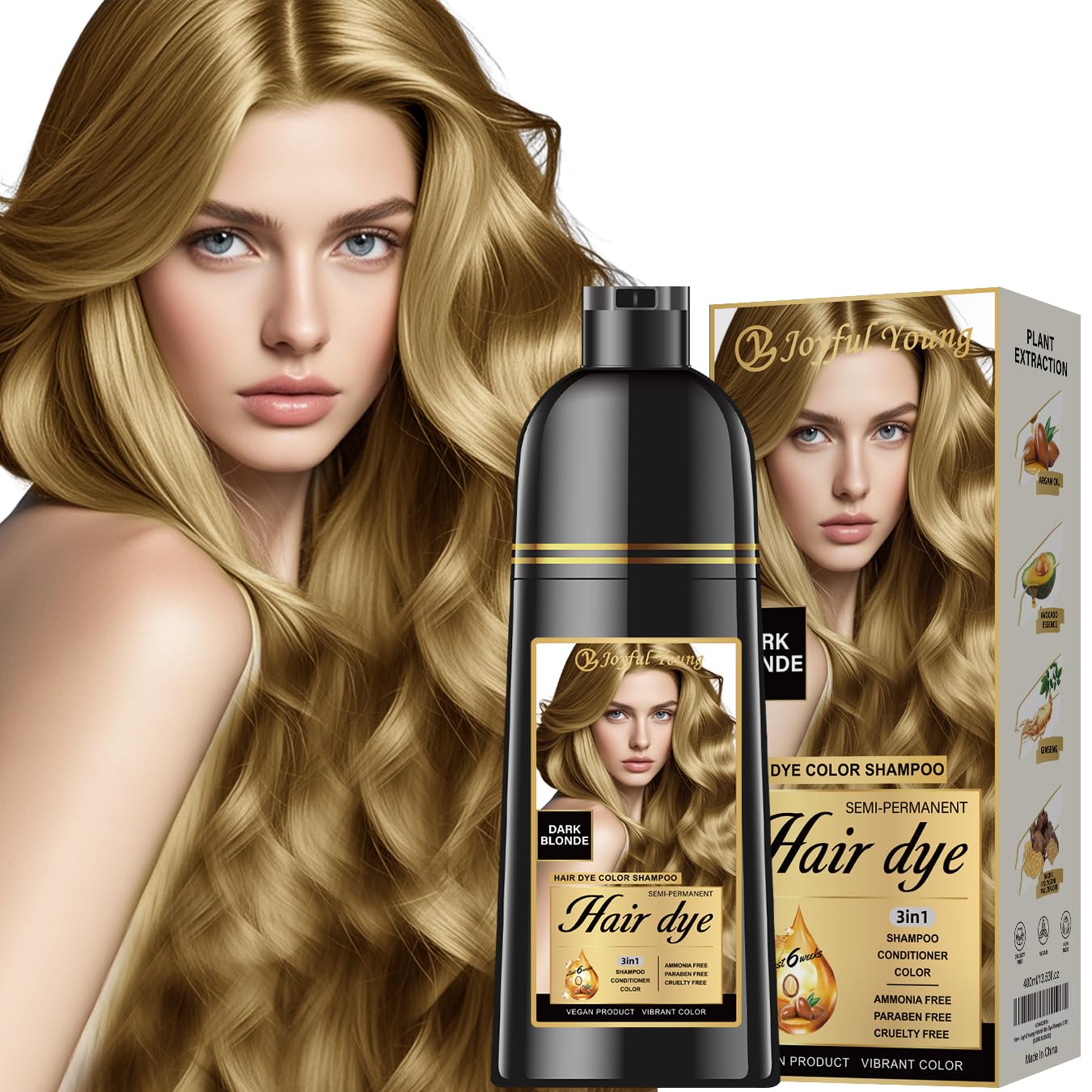 Joyful Young Natural Hair Dye Shampoo 3 IN 1, Gray Hair Coverage, Vegan, Ammonia-Free & Paraben-Free Hair Coloring Shampoo for W