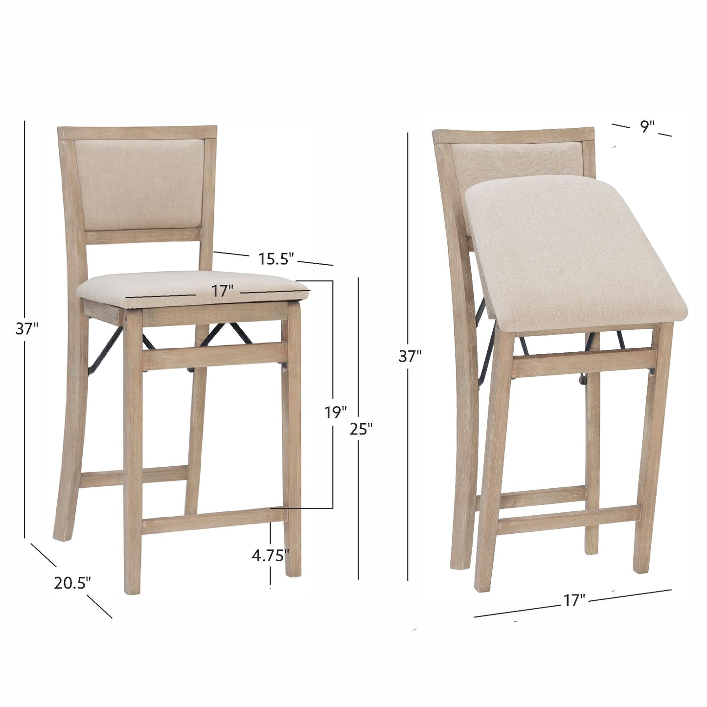 Linon Keira Folding Counter Stool Fabric Padded Back & Seat in Graywash Wood