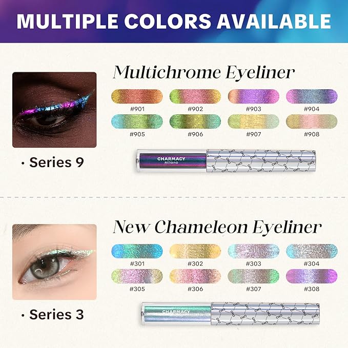 CHARMACY Chameleon Glitter Liquid Eyeliner, Metallic Shade Color Shift Eye Liner, Highly Pigmented, 24H Long-Lasting, Waterproof and Anti-Smudge, Ultra-Fine Tip, PURPLE GOLD INDIGO 904