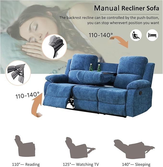 A Ainehome Living Room Furniture Set Blue Microfiber Recliner Sofa Set Loveseat Chair Furniture Sofa Set for Living Room/Rv/House/Office/Theater Seating (A-Blue Microfiber, Sofa+Chair)