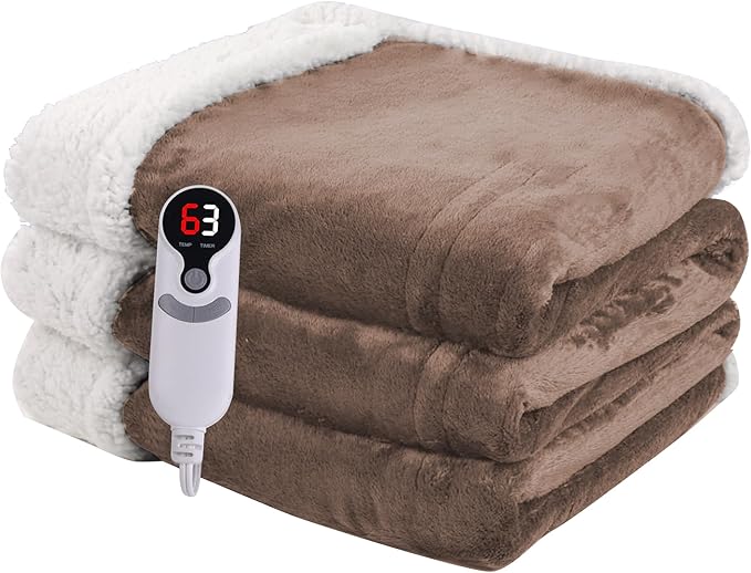 Heated Blanket Electric Throw Size 50''x60'' with 9 Heating Levels, 3 Hour Auto Shut Off, Machine Washable, Flannel & Sherpa Double-Sided Soft Warming Blanket for Couch, Bed, Office - Brown