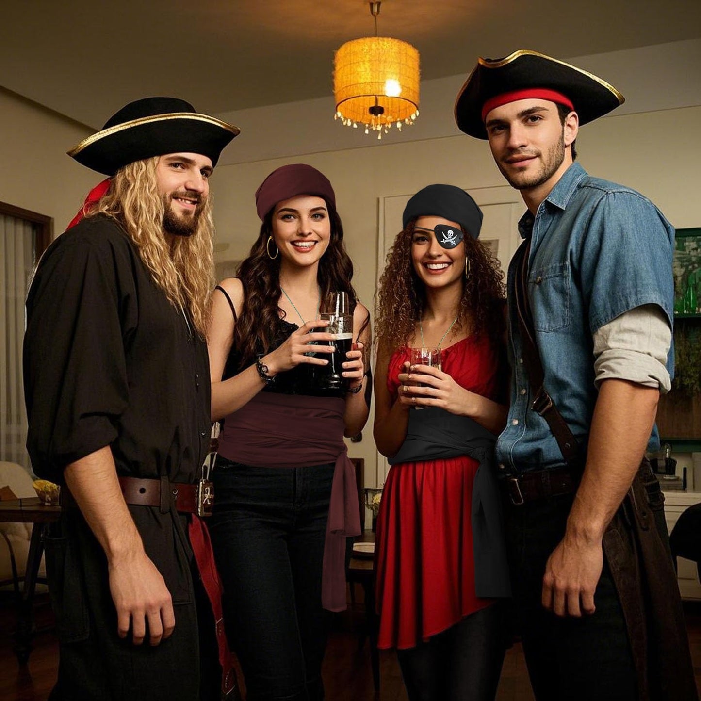 Cotton Pirate Costume Accessories Set for Men And Women Head Scarf Sash Belt Dress With Earring And Necklace (Black)