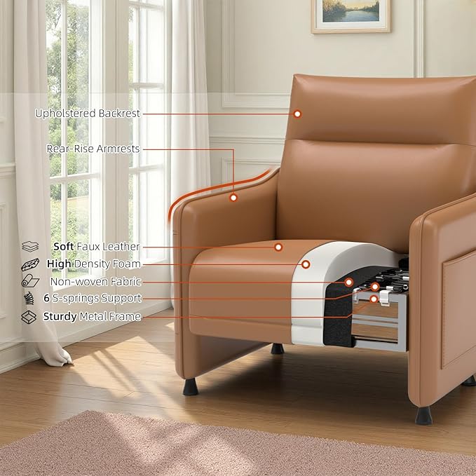 Tbillionnext Upholstered Accent Sofa, Modern Faux Leather Sofa Chair with Hidden Foldable Tray & Side Pocket, Rear Contour Arm Design, Small Accent Sofa for Bedroom, Brown