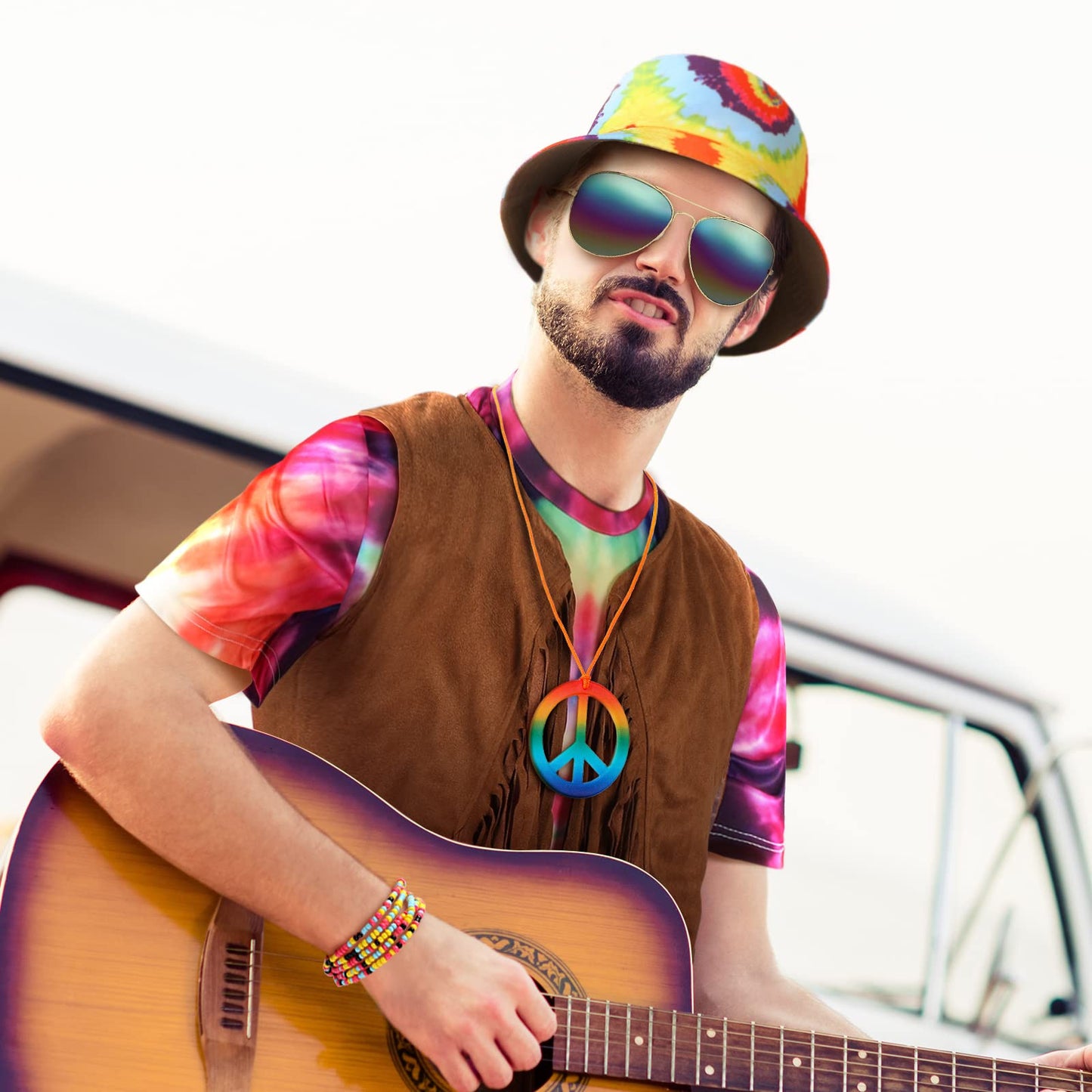 Mepase 6 Pcs 60s 70s Hippie Costume Tie Dye T Shirt Fringed Vest Peace Sign Necklace String Beads Bracelet Hat Sunglasses (Large)