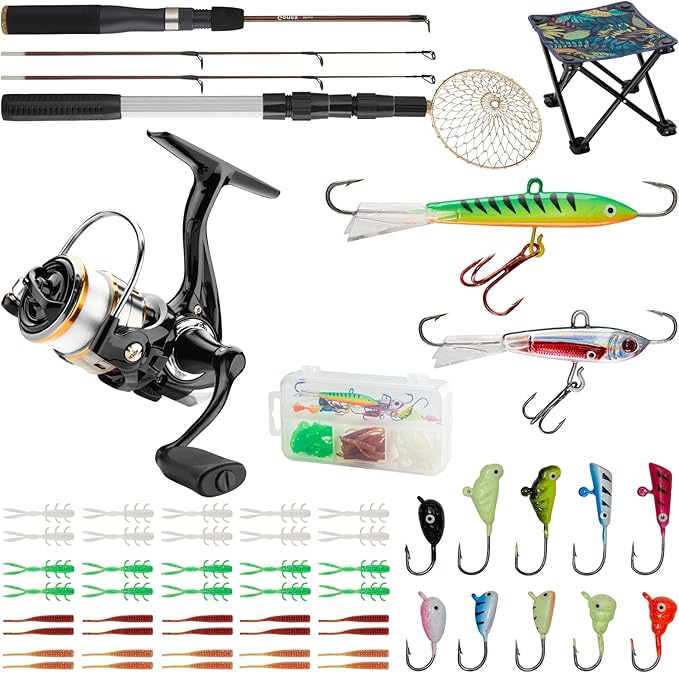 Gonex Ice Fishing Rod Reel Combo Medium Light Carbon Fiber Fiberglass Portable Complete Kit Include Skimmer Spare Rod Spin...