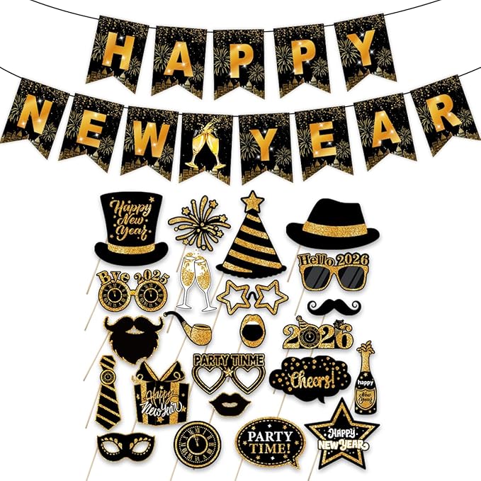 Happy New Years Banner Photo Booth Props 2026 Kits- New Years Decorations Party Suplies Decor Funny Cute Holiday Selfie Su...