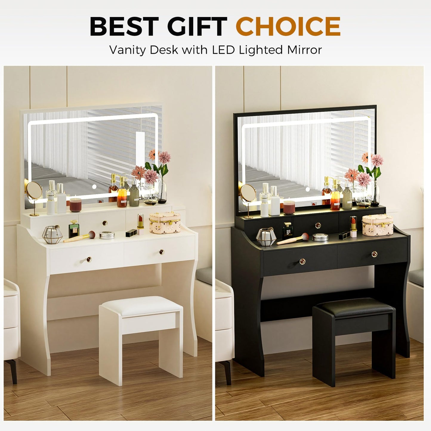 COMHOMA Makeup Vanity Desk with Mirror and Lights, Vanity Table and Chair Set with 5 Drawers and Charging Station, Bedroom Dresser LED Mirror Stepless Dimmable & 3 Color Modes Adjustable, Pure White
