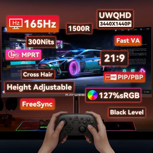 Raywego 34 Inch Curved Gaming Monitor, WQHD 3440 x 1440p, 165Hz 1ms, 21:9 Ultrawide, 127% sRGB, Ergonomic Height Adjustable Stand, PIP/PBP, RGB Backlight, Black