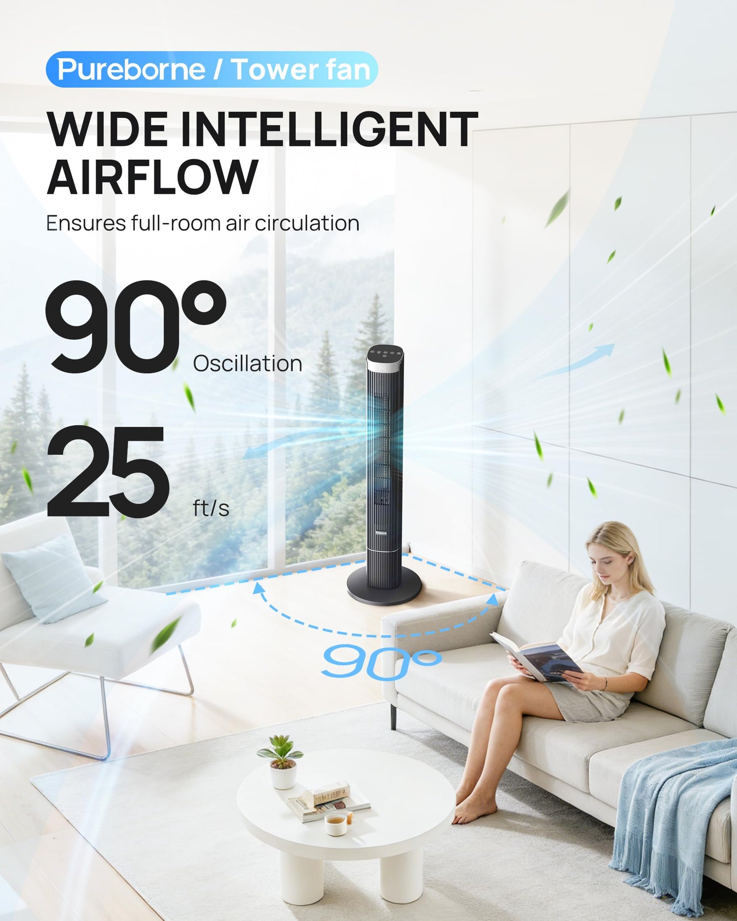 Pureborne 42-Inch Smart Tower Fan, 25dB Ultra-Quiet, 90° Oscillating Standing Fan, App & Voice Control, Remote, 4 Speeds, 4 Modes, 12H Timer, Floor Fan for Bedroom, Office, Black, 1 Pack