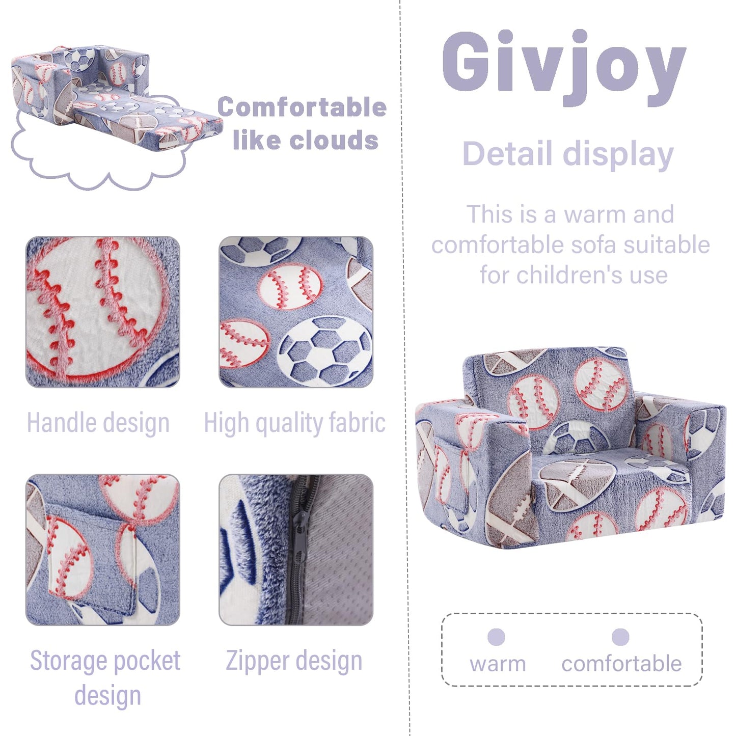 Givjoy Toddler Chair Kids Couch, 2-in-1 Toddler Soft Sherpa Couch Fold Out Armchair Glow in The Dark with Removable Cover, Convertible Reading Chair Toddler Sofa for Kids, Football