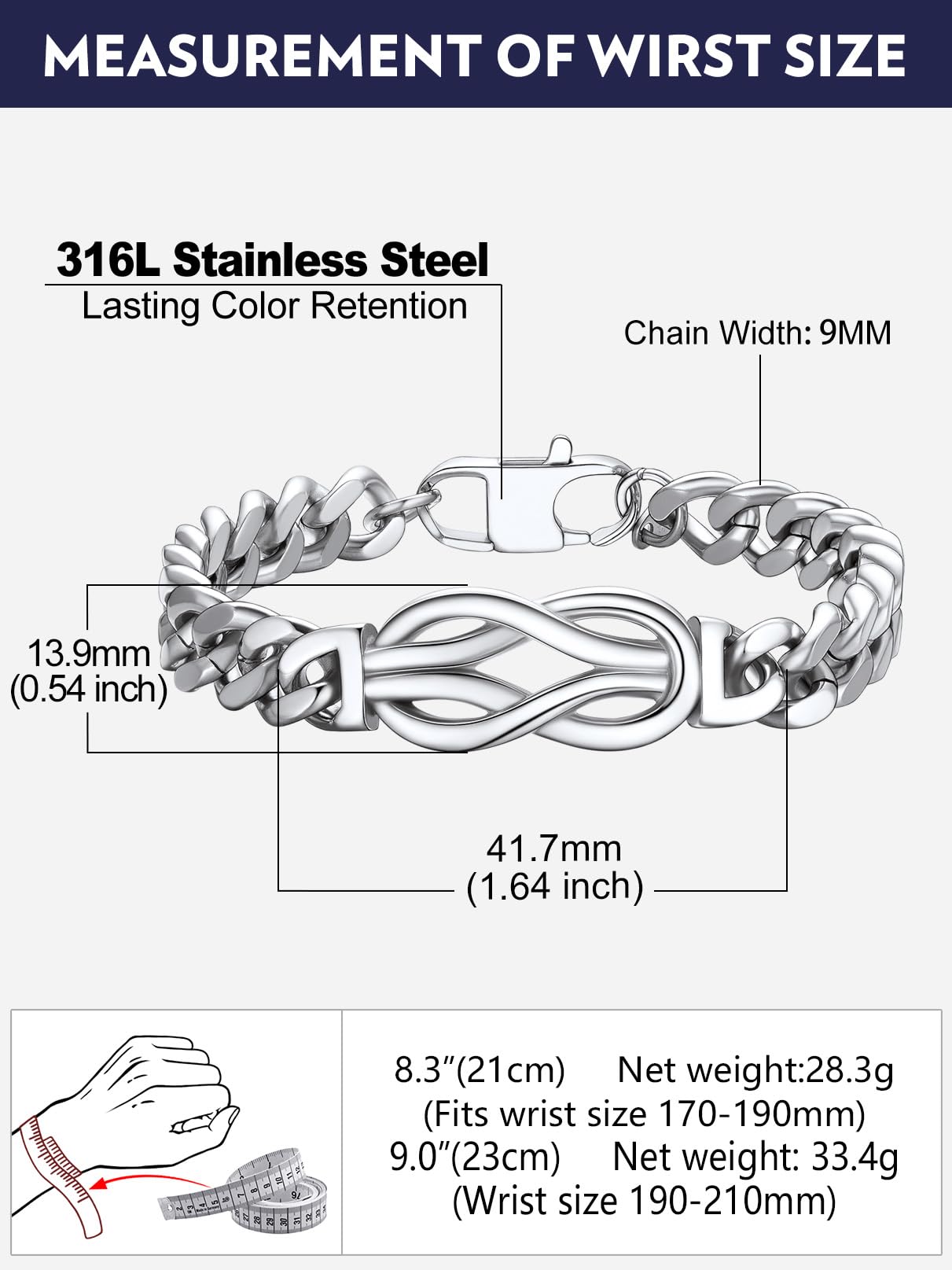Bandmax Gift for Him BF Husband Infinity Love Knot Chain Bracelet with Love Message Card Luxury Look Mens Link Bracelets 9 Inch Ideal Gift for Valentines Day Christmas Father's Day