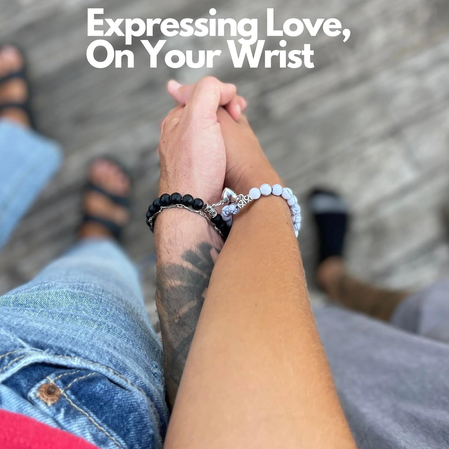 Jexiva Set Of 2 Matching Couple Bracelets Magnetic Heart - Stone Beads, Stretch, Unisex Anniversary, Express Love, Valentine, Long Distance, Christmas Gift (Black+Howlite, Without Giftbox)