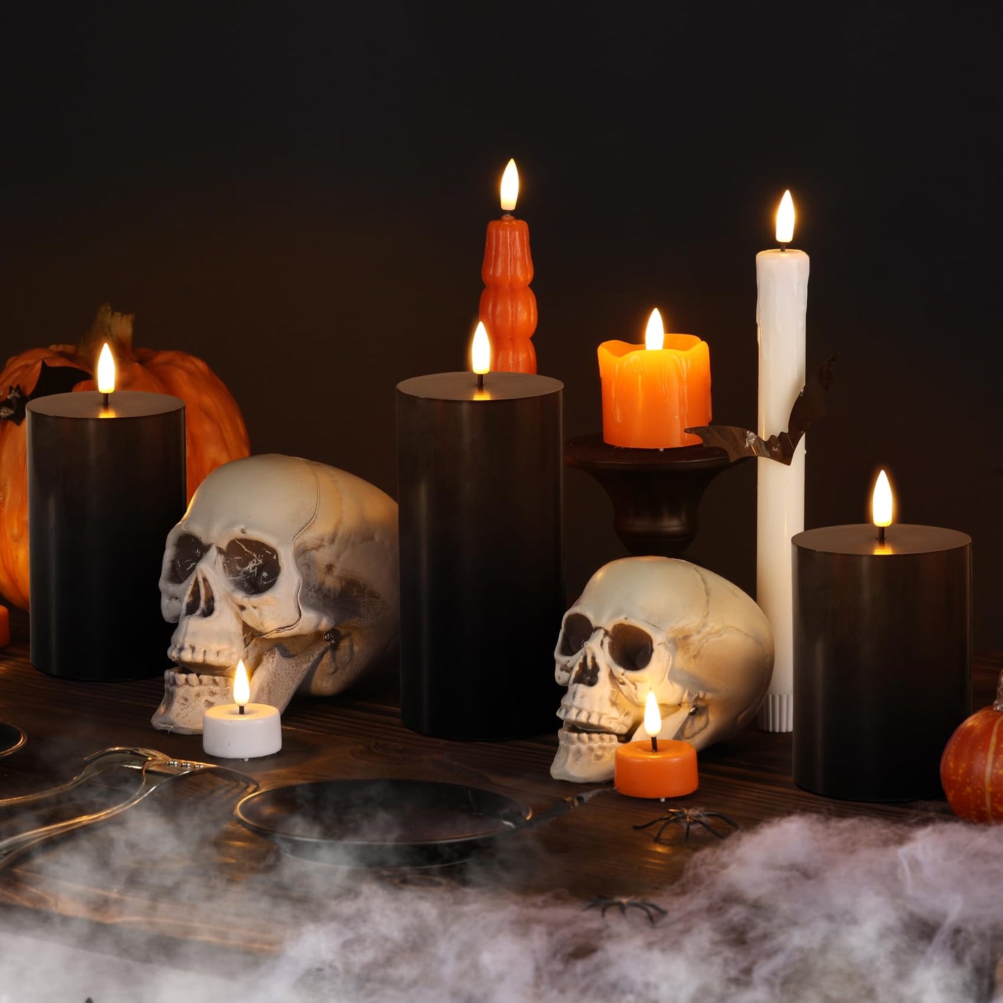 Girimax Black Halloween Flameless Candles with Remote, LED Pillar Candles Set of 3, Flickering Real Wax Electric Candles Battery Operated