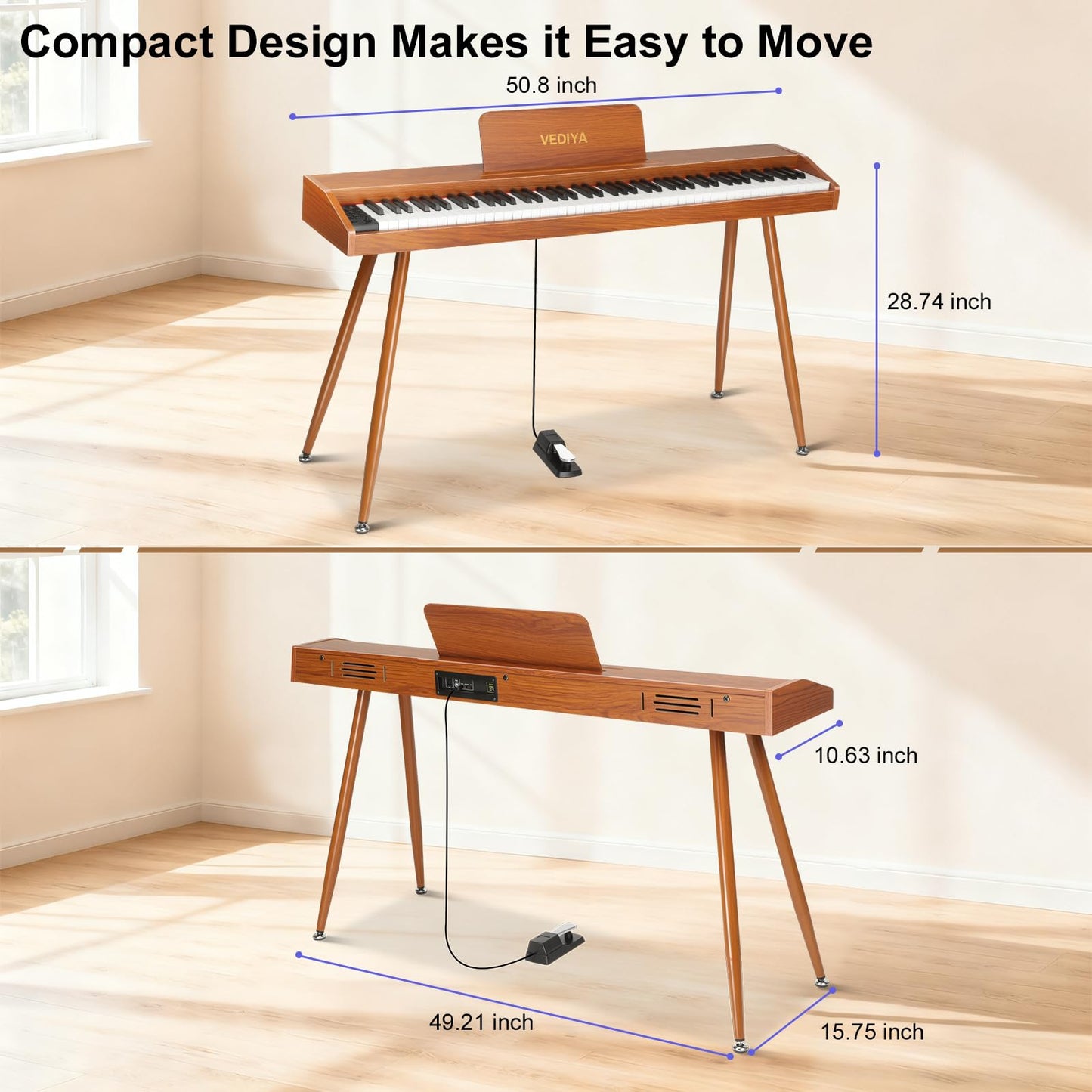 Vediya Digital Piano Keyboard 88 key,Semi-Weighted Electric Piano,Full Size Acoustic Piano for Beginners with Pedal, USB-MIDI Compatibility (Brown)