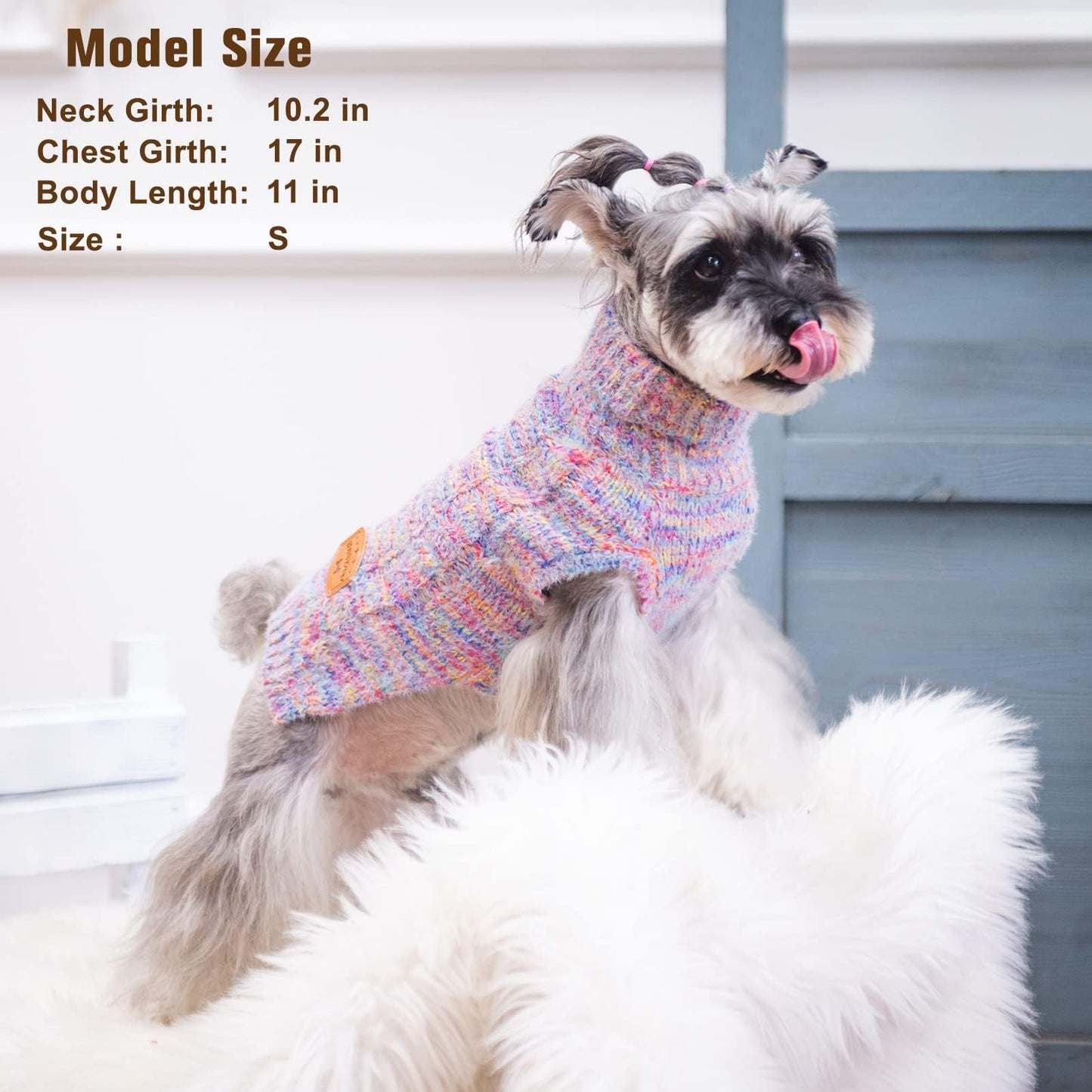 BEAUTYZOO Small Dog Sweater -Turtleneck Pullover Classic Cable Knit Fuzzy Winter Coat Dog Cold Weather Clothes for Small Medium Dogs Puppy Girl Boys(Rainbow Pink, M/L)