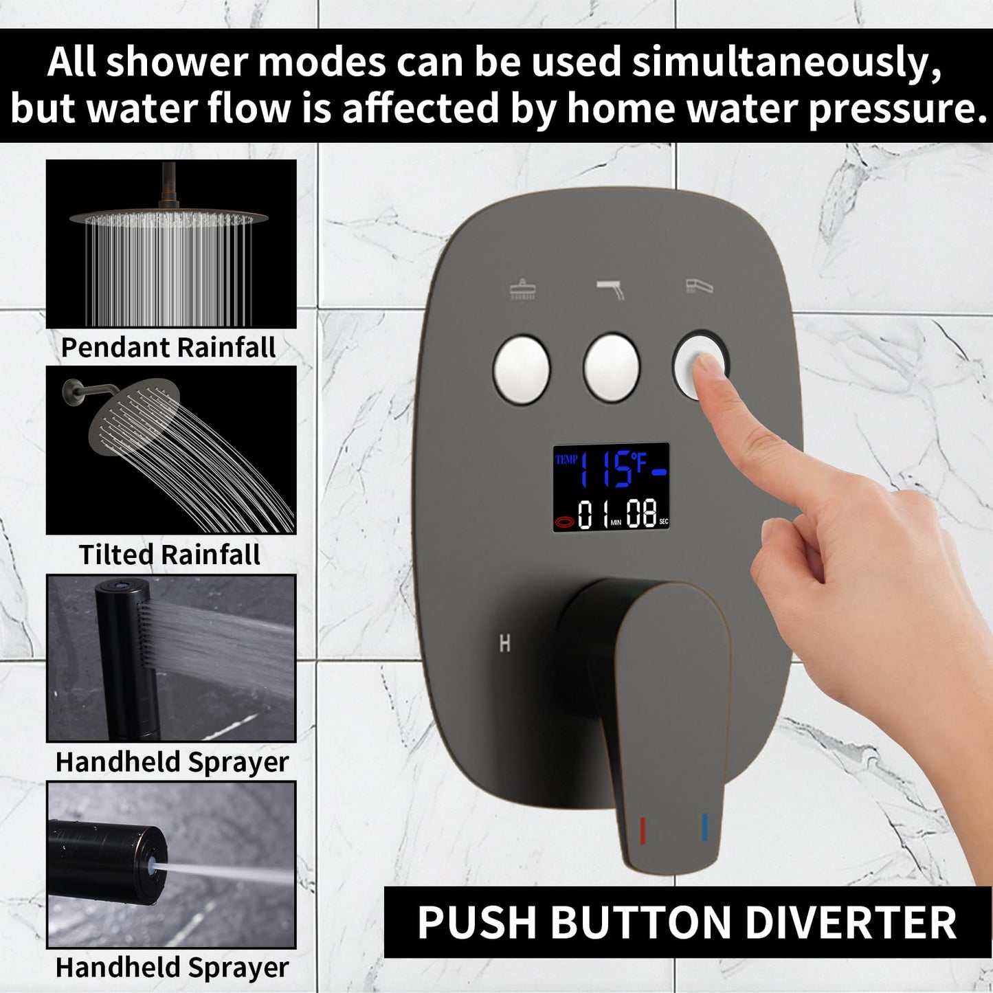 HONGTONGSOWER Shower Faucet Set Matte Black Shower System Temperature Display Diverter Shower Valve and 2 in 1 Handheld with Slide Bar, 12 Inch Ceiling Shower Head with 8 Inch Wall Mount Shower Head