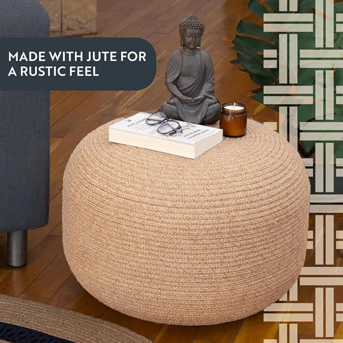 Dekorist Round Ottoman Pouf Footstool Jute Pouffe Stool Seat Cushion Boho Home Decor Extra Seating Pouffe for Living Room, Bedroom, Indoor, 21x21x12 inch, Natural