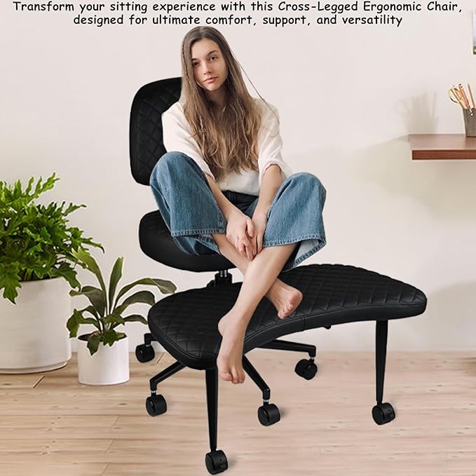 Meditation Chair Cross Legged Chair with Wheels Criss Cross Chair ADHD Desk Chair for Adults with Back Support Wide Squatting Kneeling Chair Adjustable Height for Office, Home, Yoga (Black)
