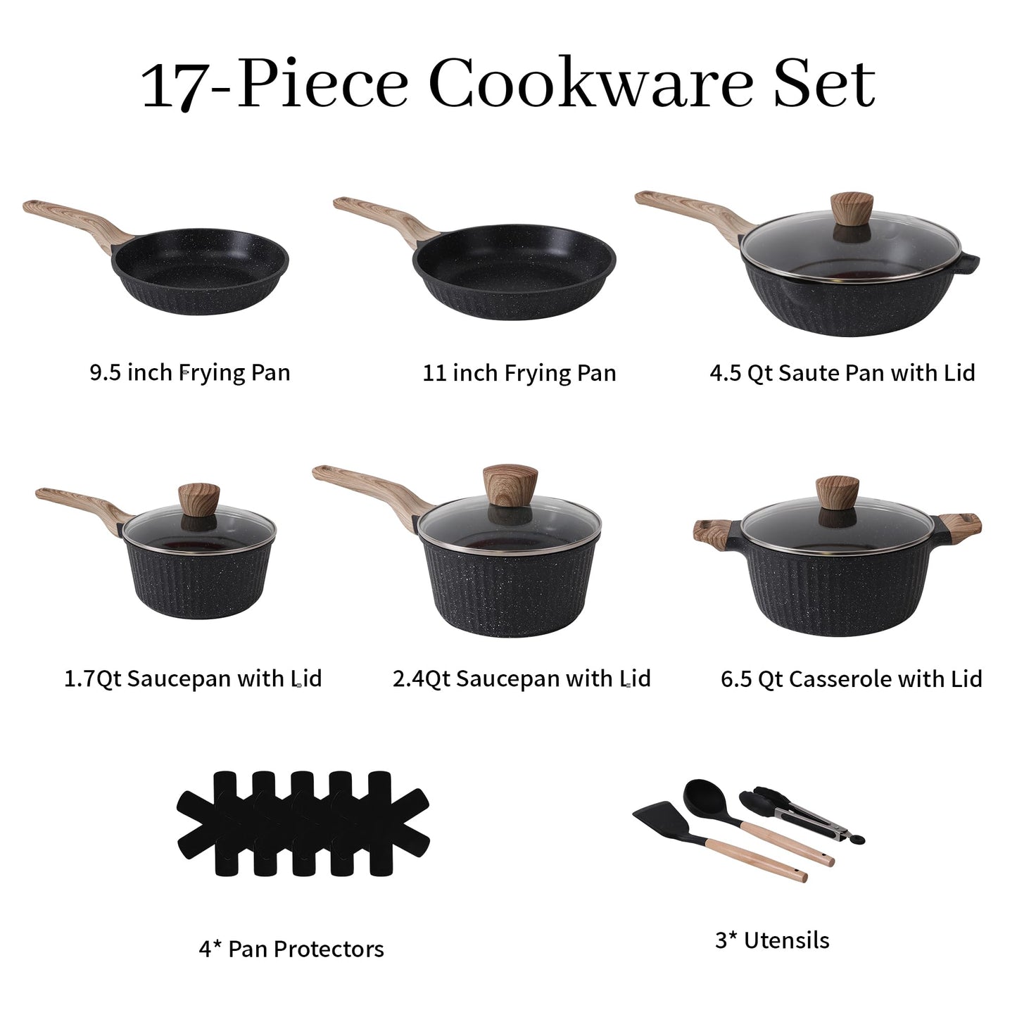 Cuisinluv Pots and Pans Set Non Stick, 17Pcs Kitchen Cookware Sets, Granite Stone Induction Cookware Non Stick Cooking Set w/Frying Pans, Saucepans, Sauté Pan (PFOA Free), Black