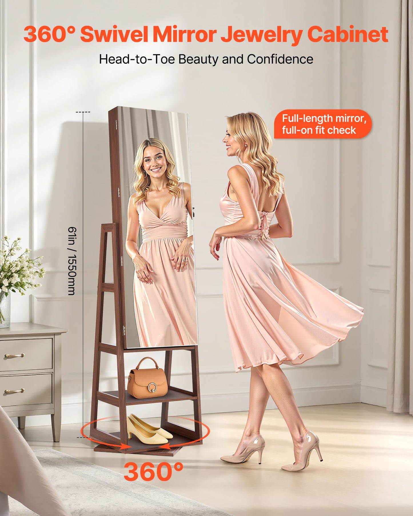 VEVOR 360° Swivel Jewelry Cabinet, 61-inch Tall, Full-Length Mirror with Storage, Standing Rotatable Jewelry Armoire Organizer, Lockable Door with 2 Keys, Accessory Pouches, and Storage Shelves