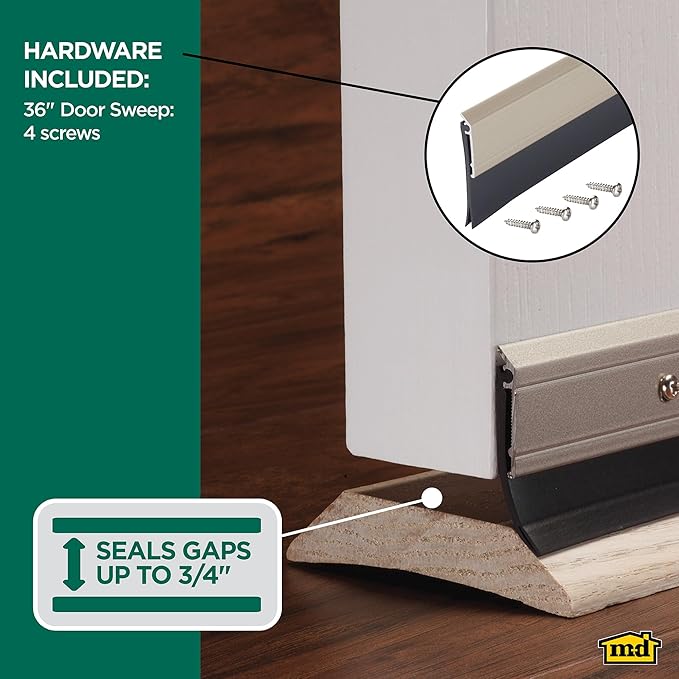 M-D Building Products 48996 All-Season Door Sweep, Heavy Duty Aluminum and Vinyl, Ideal for Residential & Commercial Use, Easy Installation, Ensure Comfort and Save Energy (36 Inch, Satin Nickel)