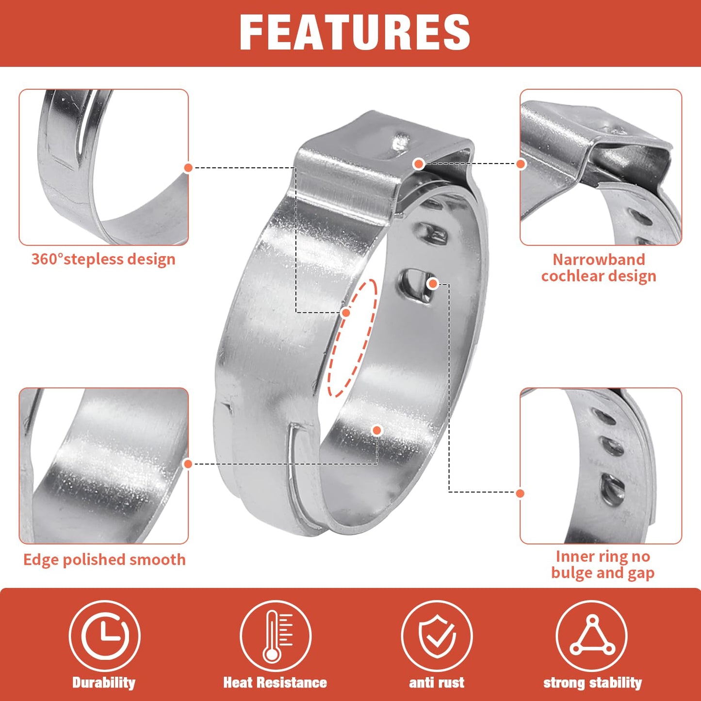 AKIHISA 360Pcs 16 Sizes Single Ear Hose Clamps, 5.3-36.1mm Stainless Steel_304 Crimp Hose Clamps Cinch Rings Assortment Kit for Automotive, Pipe, Plumbing