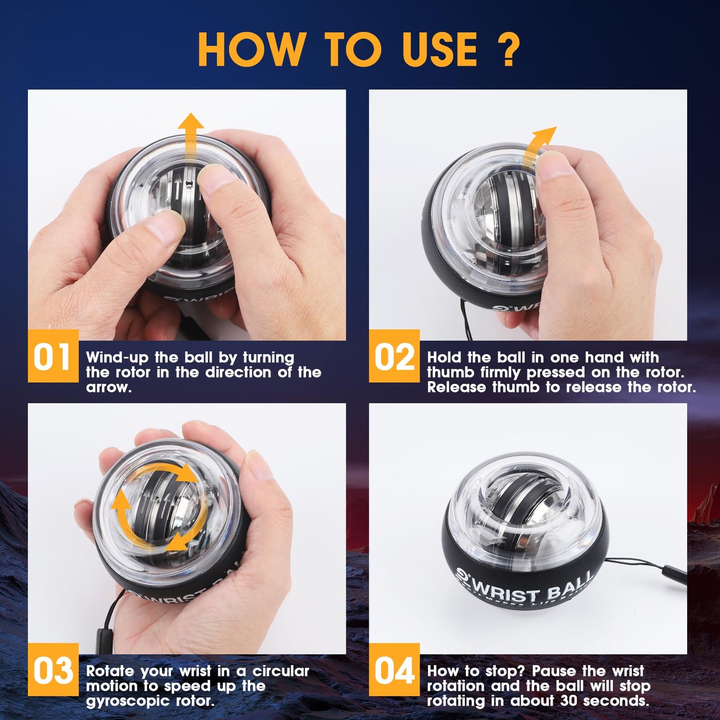 JIN BD Wrist Trainer Ball Auto-Start Wrist Strengthener Gyroscopic Forearm Exerciser Gyro Ball for Strengthen Arms, Fingers, Wrist Bones and Muscles with LED Light, Black