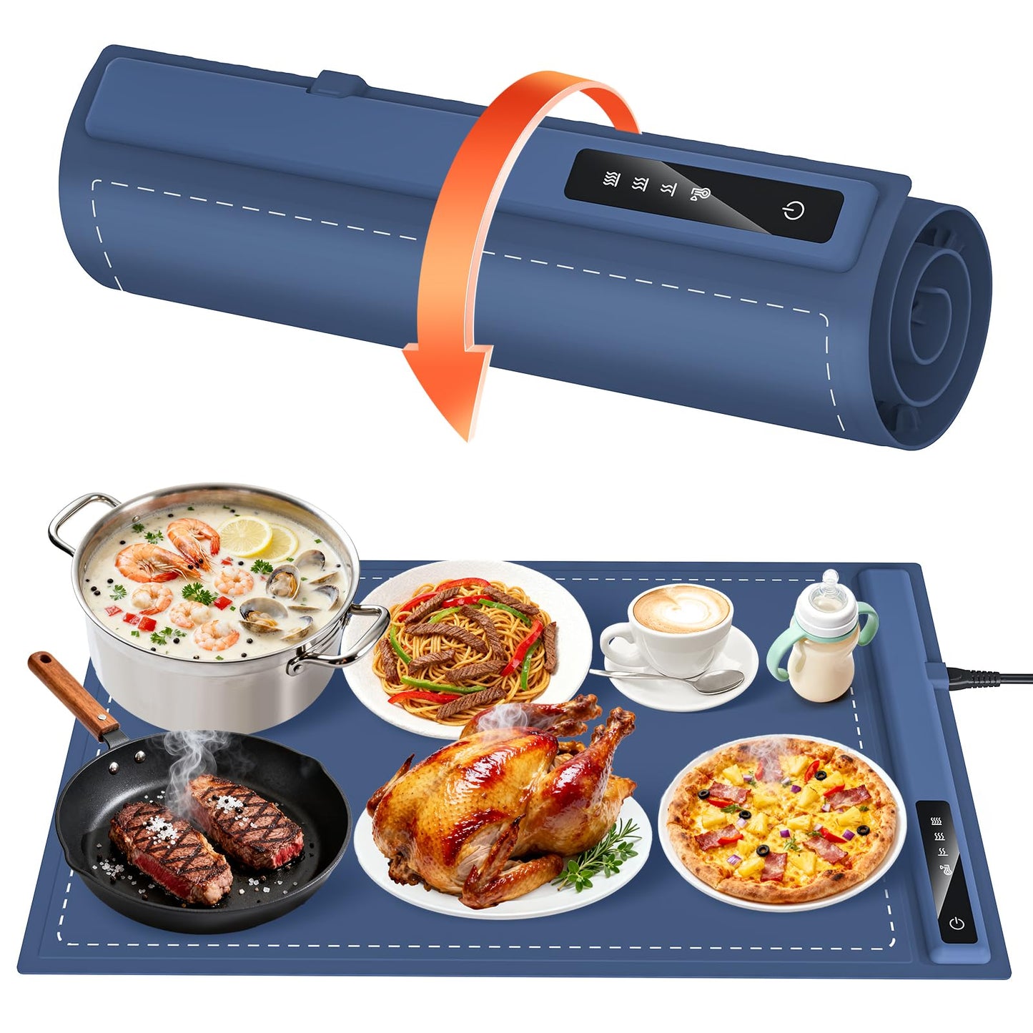 Food Warming Mat - Fast & Full Surface Heating, Silicone Heat Pad with 3 Adjustable Temperature for Buffets Parties, Rollable Electric Warming Tray,Kitchen Heated Plate,Countertop Food Warmer(Blue)