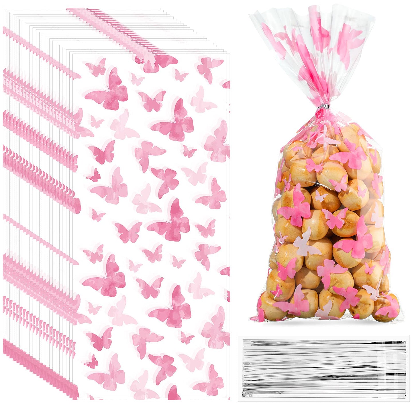 Zonon 100 Pieces Butterflies Cellophane Goody Bags Plastic Candy Treat Bags with 100 Pieces Silver Twist Ties for Butterfly Theme Baby Shower Birthday Party Dessert Decors(Pink)