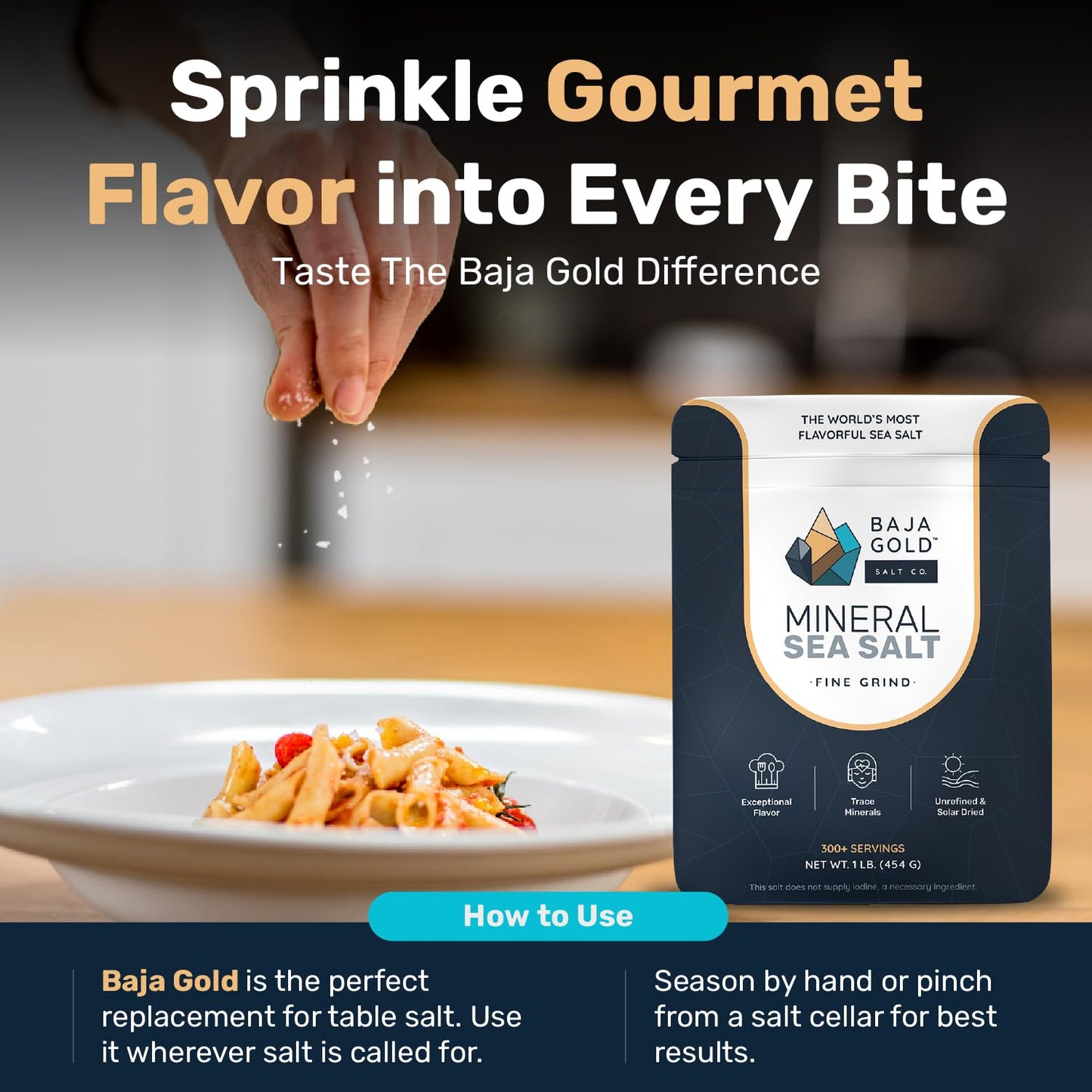 Baja Gold Mineral Sea Salt - Pure & Organic Real Salt for Cooking & Baking | Fine Grind Sea Salt - Low Sodium | Natural Baja Salt - Ideal for All Culinary Uses | 1 lb. Resealable Bag, 300+ Servings