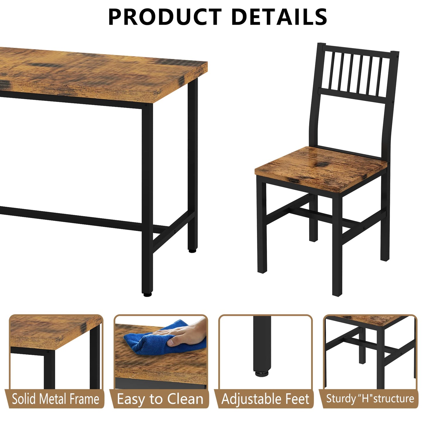 AWQM 5 Pieces Dining Table Set, Industrial Dining Table and Chairs for 4, Metal Frame with Wood Top, Kitchen Table Set for Dining Room, Breakfast Nook, Small Space, Rustic Brown