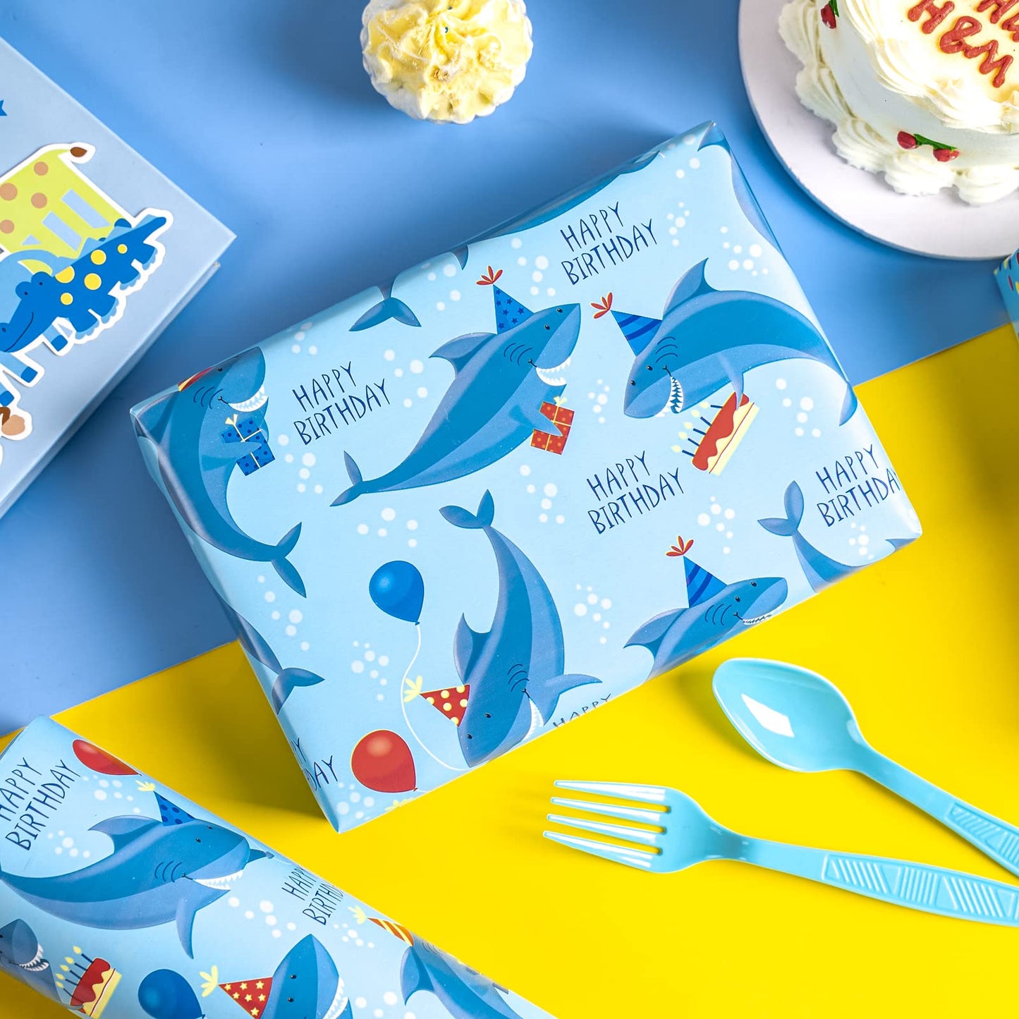 WRAPAHOLIC Jumbo Reversible Birthday Wrapping Paper - 24 in x 65.6 ft - Blue Sharks Ocean Wrapping Paper for Kids' Birthdays & Baby Showers